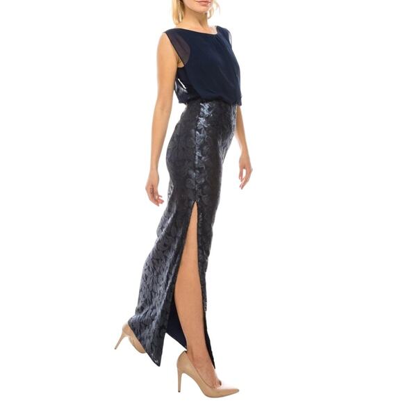 New Aidan Mattox Blouson Navy Sequin High Slit Maxi Dress Gown 0 - Picture 2 of 9
